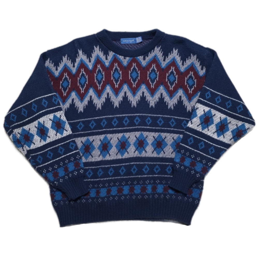 VINTAGE 90s TownCraft Aztec Knit Grandpa Sweater Crewneck Cardigan Mens‎ M USA